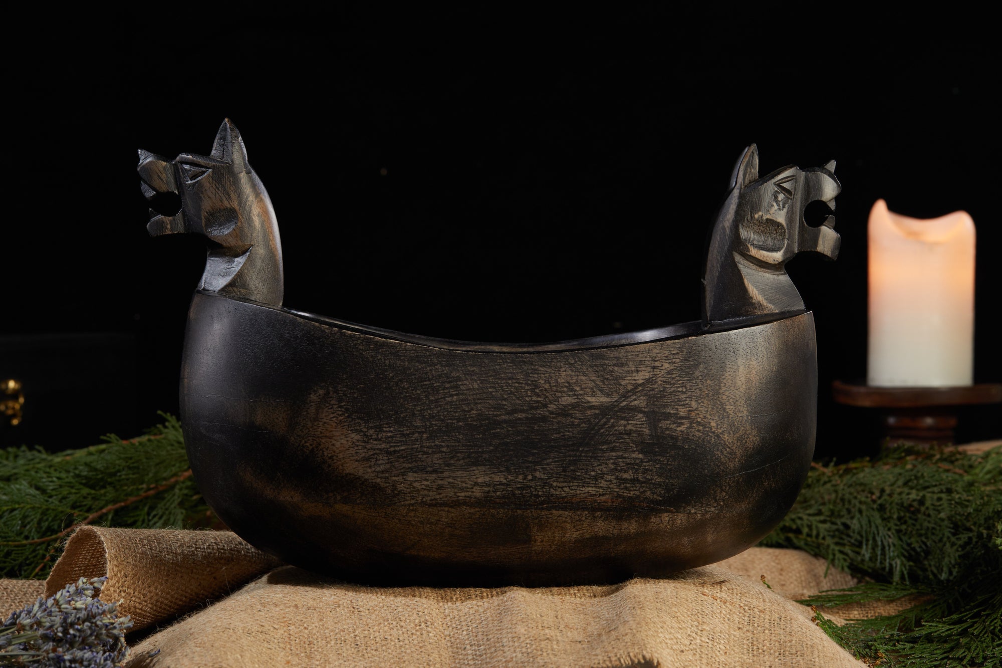 Gunhild - Large Fenrir Norse Wolf Center-Piece & Vessel, Hand Carved.