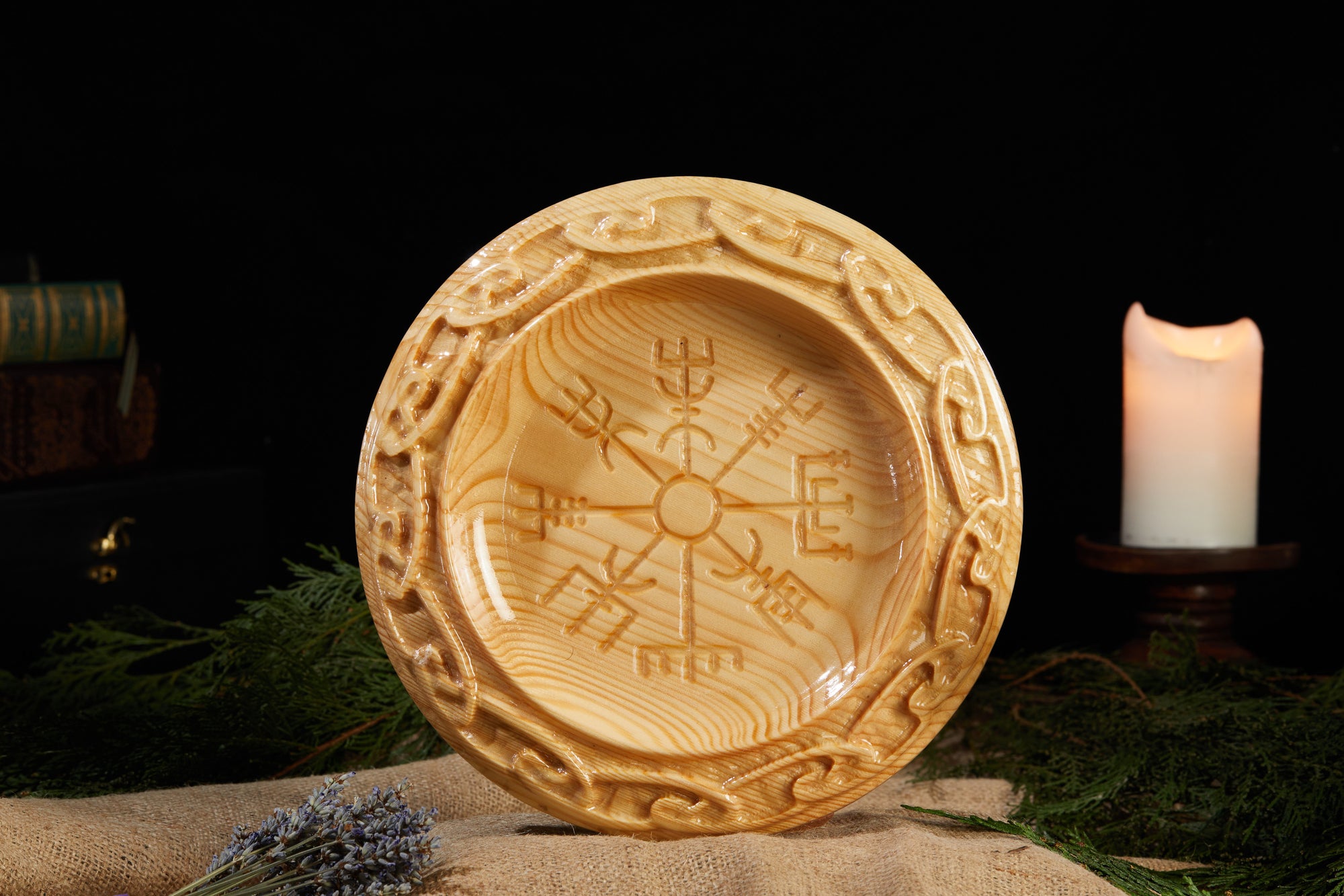 Gunhild Carved Vegvisir Wooden Plate, Large, Hand Made